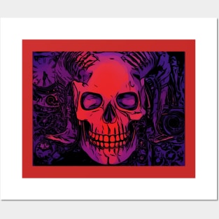 Skull Purple Death Goth Red Grin Horns Design Posters and Art